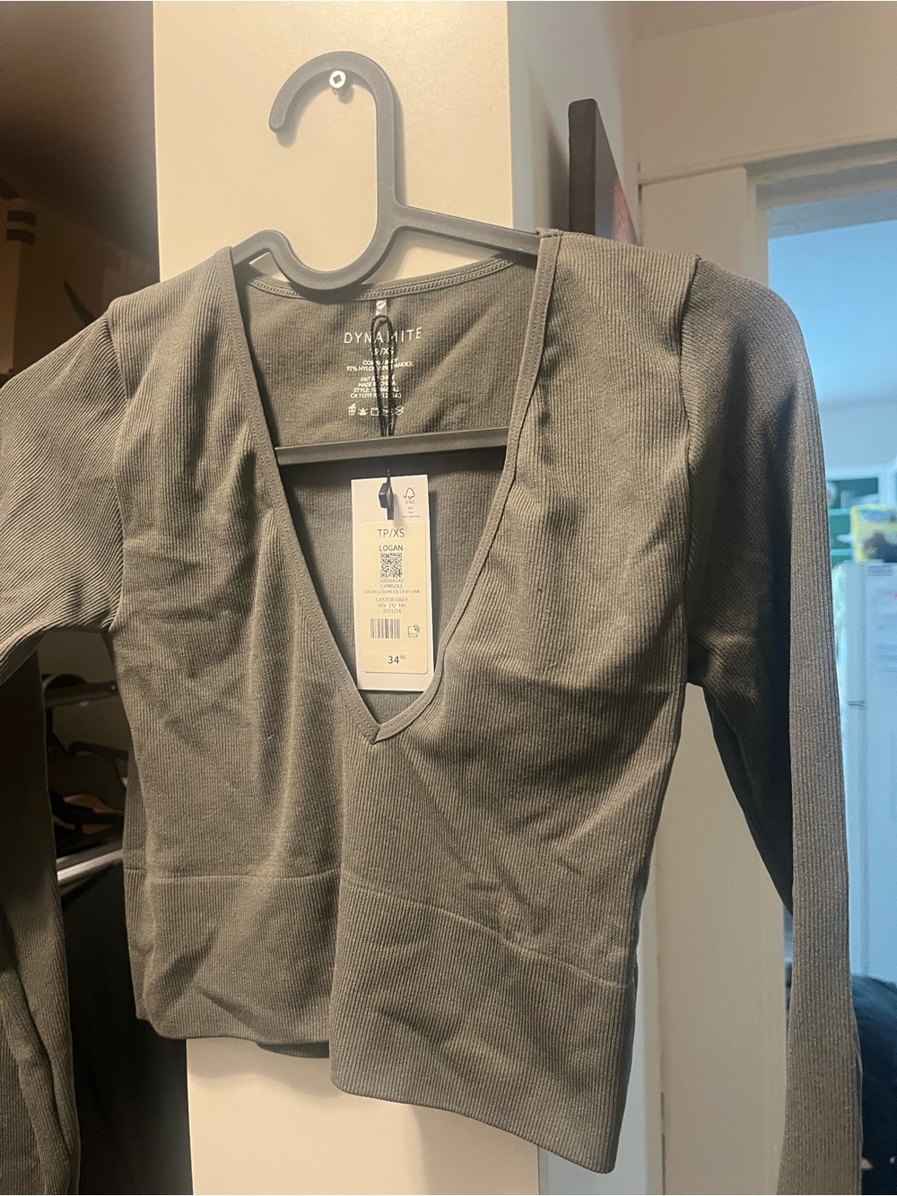 Dynamite Ribbed Deep V Crop Top in Gray